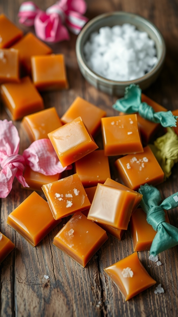 Homemade caramels wrapped in wax paper on a wooden table, with a bowl of sea salt.